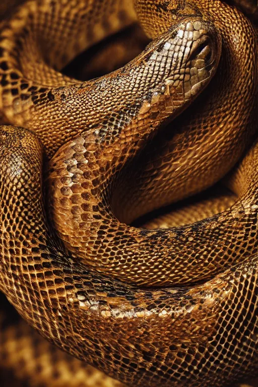 Prompt: a macro photo of a snake, dynamic pose, close - up, intricate details, intricately detailed scales, intricate textures, warm lighting, vivid colors, smoke and mist, realistic octane render, hyper realistic render, volumetric shading, depth of field, raytracing, 8 k,