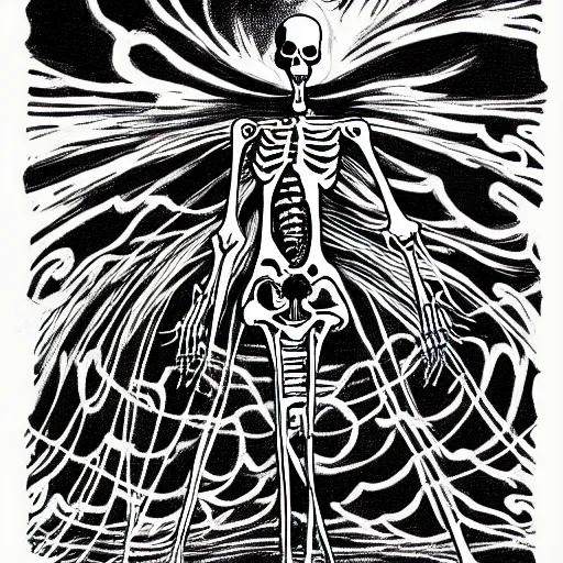 Image similar to black and white trippy comic art of a skeleton as death the grim reaper, lots of particles, drawn by Martin Rowson, salvador dali, Tim Burton, Studio Ghibli, Alex Pardee, Nekro Petros Afshar, James McDermott, cgsociety 4K