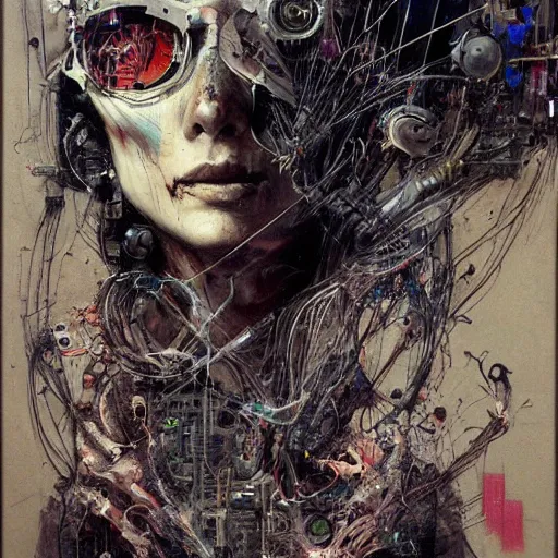 Image similar to rona mitra as a cyberpunk noir detective, skulls, wires cybernetic implants, machine noir grimcore, in the style of adrian ghenie esao andrews jenny saville surrealism dark art by james jean takato yamamoto and by ashley wood