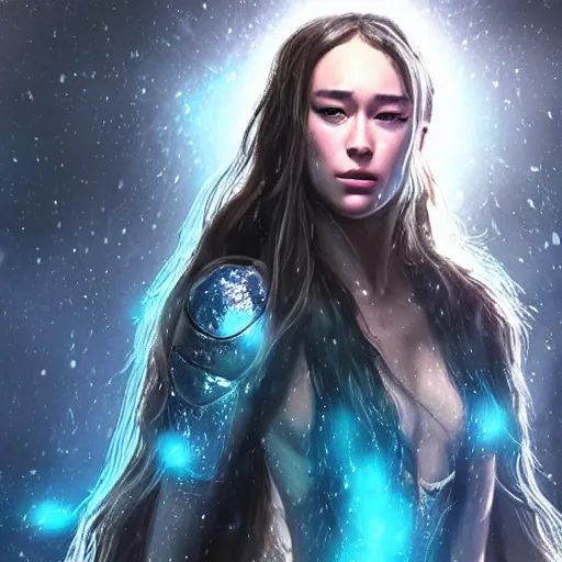 Image similar to alycia debnam carey as a cryomancer with ice aura, concept art, enchantress poses, snow flurry, Ray tracing reflection