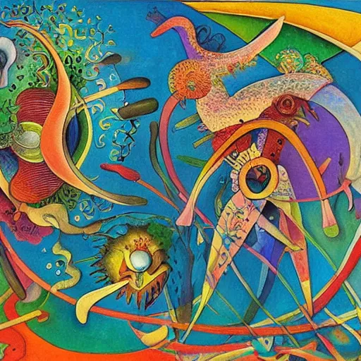 Prompt: strange mythical beasts of whimsy, surreal oil painting by Ronny Khalil and Kandinsky, drawn by Ernst Haeckel, as an offering to Zeus