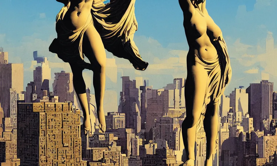 Prompt: digital painting of of a massive greek sculpture a beautiful massive female statue surrounded hovering over the new york skyline, by syd mead and jack kirby, color scheme, ashley wood, concept art