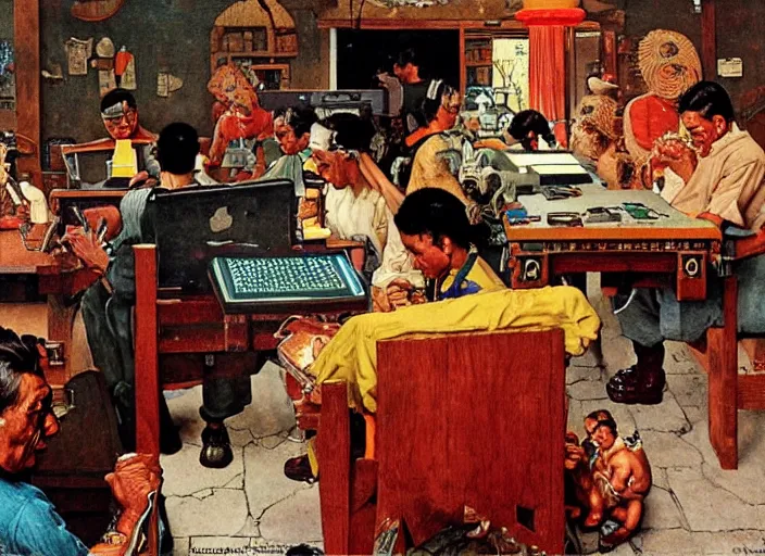 Image similar to Ancient Aztecs using computer at a lan house, Ancient, artwork by Norman Rockwell,