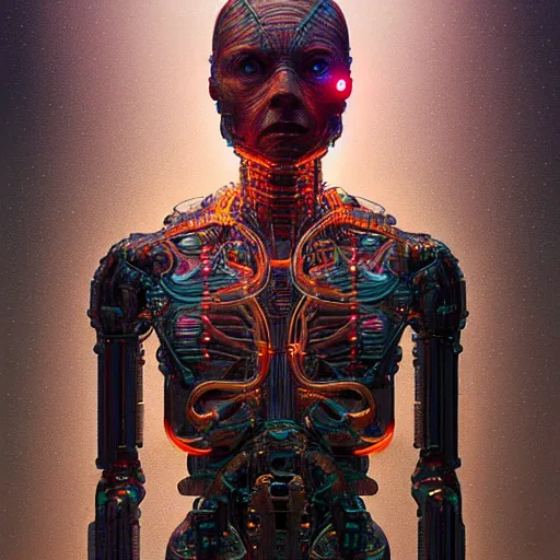 Prompt: intricate cyborg, glass torso, highly detailed digital painting by simon stalenhag, beksinski, rutkowski, kinkade. award winning, masterpiece, dramatic lighting, wires, fractal crystal, sharp focus