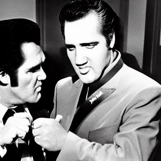 Image similar to an award winning photograph of Richard Nixon and Elvis Presley fighting crime, 70\'s TV show