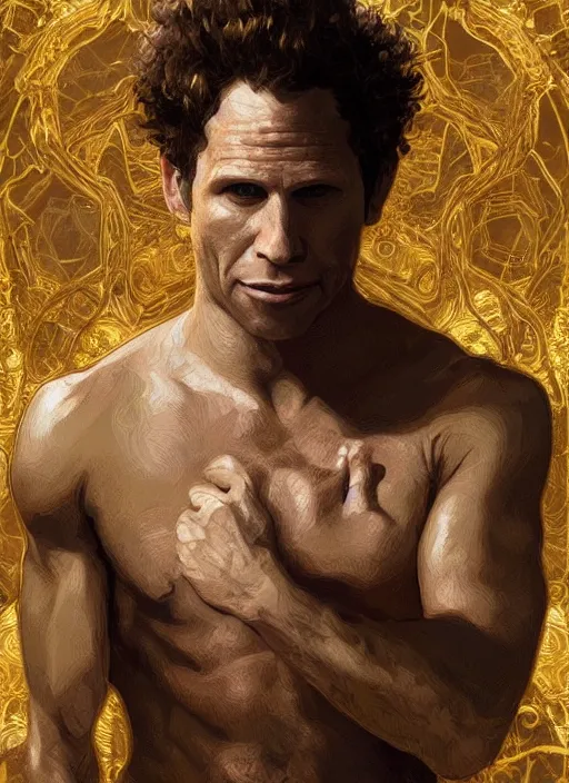 Image similar to Glenn Howerton as the Golden God, intricate, highly detailed, digital painting, artstation, concept art, sharp focus, illustration, art by greg rutkowski and alphonse mucha