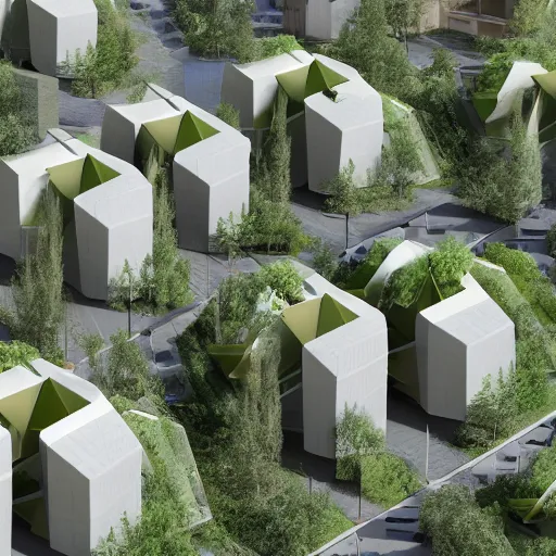 Image similar to origami architecture of a futuristc housing complex, crowded public space, a lot of trees and vegetation, full of sunlight, neighbourhood scale