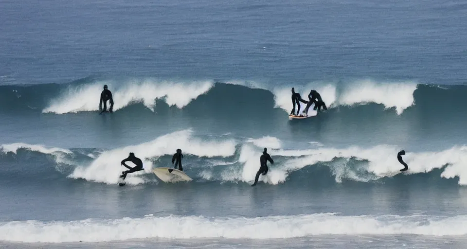 Image similar to devil worshippers in robes belonging to the cult of the ocean surfing in waves, standing on surfboards, surfing inside one large barreled wave, high detailed colors, blue