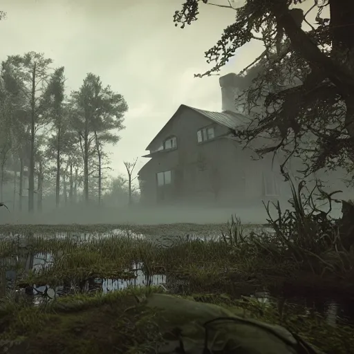 Image similar to a creepy scene of a swampy area with a house in the background, a screenshot by senior environment artist, polycount, gothic art, cryengine, playstation 5 screenshot, unreal engine 5