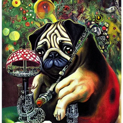 Prompt: pug caterpillar smoking hooka in wonderland, intricate detail, painting, jazz age, miro, royo, frazetta, whealan,