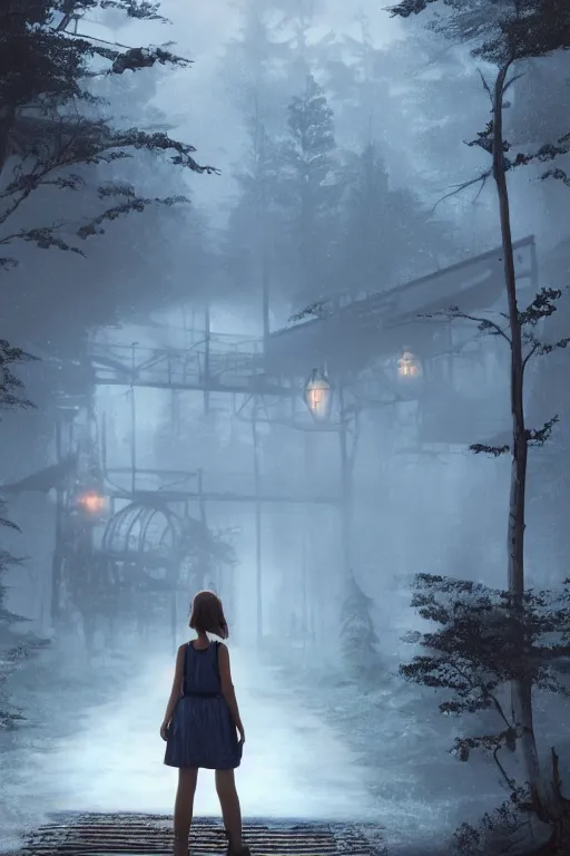 Prompt: Matte painting art of girl standing at the old train station looking to the train, old train heading to station with lights on, fantasy dense forest with a lot of detail, the tracks covered with vegetation, highly detailed, 4k, 8k resolution, trending on artstation, octane render, unreal engine, cinematic