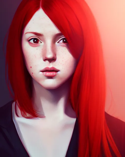 Image similar to a detailed portrait of a pretty!! female president with red hair and freckles, 1 8 0 2, by ilya kuvshinov, digital art, dramatic lighting, dramatic angle