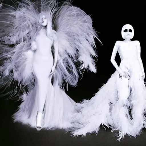 Image similar to lady gaga in a white dress with a plastic bag over her shoulder, a hologram by Alexander McQueen, featured on polycount, gothic art, made of feathers, ethereal, angelic photograph