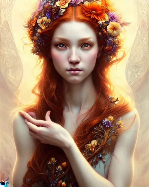 Image similar to Hyperrealistic beautiful and playful ethereal ginger portrait, art nouveau, fantasy, intricate flower designs, elegant, highly detailed, sharp focus, art by Artgerm and Greg Rutkowski and WLOP