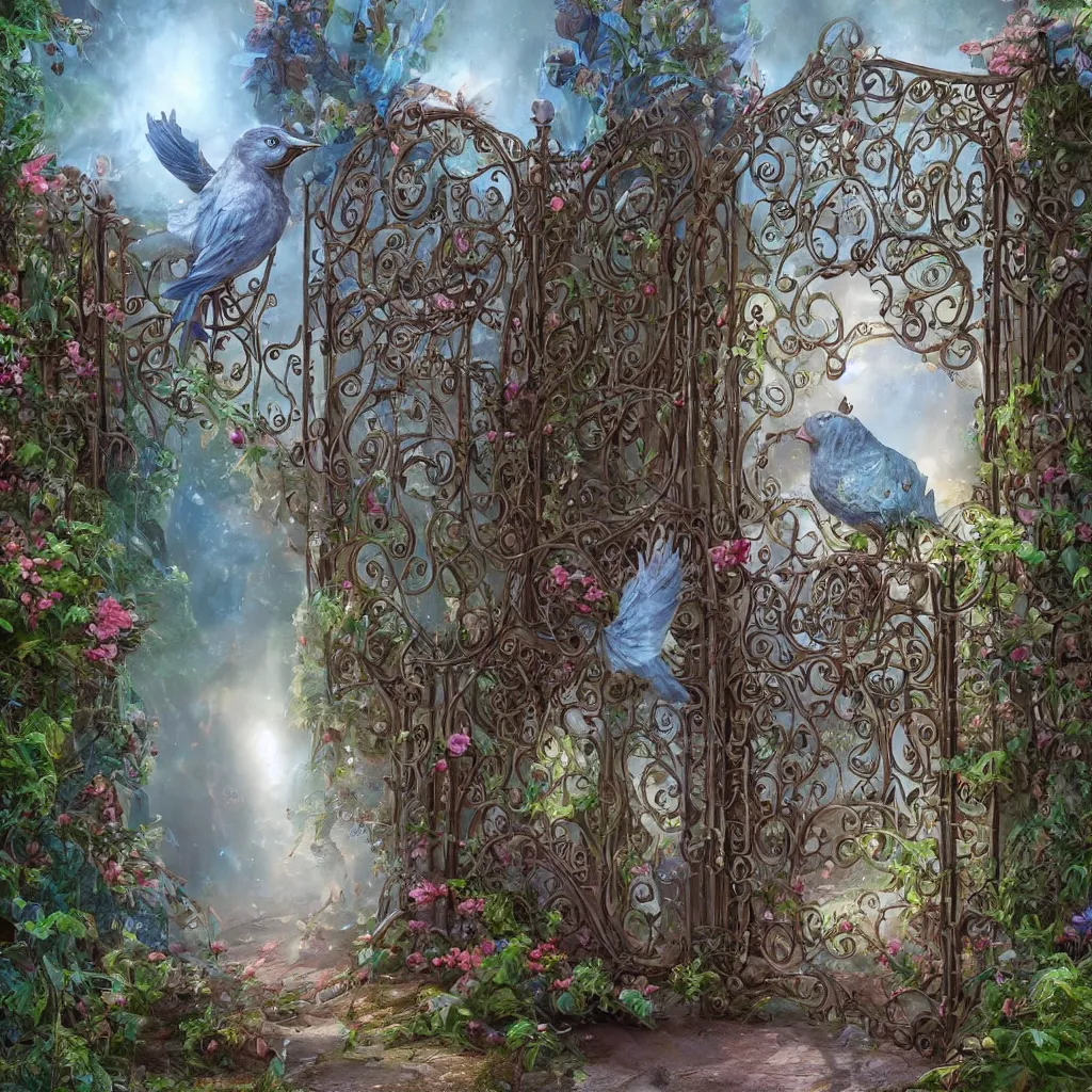 Image similar to the twitter bird standing aggressively in front of a gate to a whimsical garden and nobody is allowed inside the gate, wide view, concept art, intricate details, highly detailed, award winning, dramatic lighting, intricate details, cg, artstation