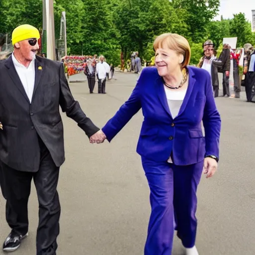 Prompt: angela merkel and hulk hogan holding hands, romantic scene, dslr photo