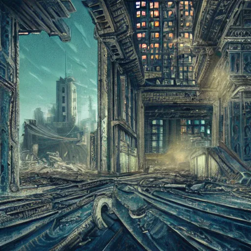 Image similar to post apocalyptic radiated ruined modern city, surrealism, deep aesthetic, abstract realism, highly ornate intricate details, 1 9 2 0's colored pencil, 4 k, cinematic lighting,