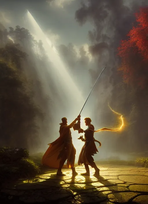 Image similar to two wizards having a magical duel, mist, sunrays, dust in the air, dnd character, unreal engine, octane render, dramatic lighting, pond, digital art, by stanley artgerm lau, greg rutkowski, thomas kindkade, alphonse mucha, loish, norman rockwell,