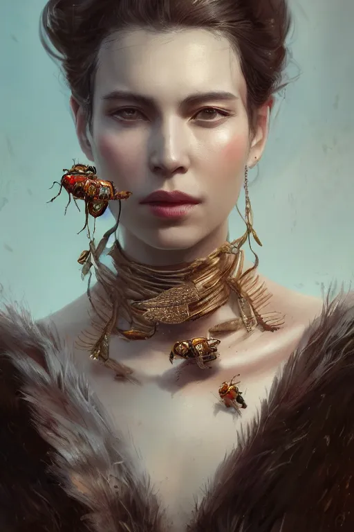 Image similar to a fancy portrait of a women with bug jewelry by greg rutkowski, sung choi, mitchell mohrhauser, maciej kuciara, johnson ting, maxim verehin, peter konig, 8 k photorealistic, cinematic lighting, hd, high details, dramatic, atmosphereric, trending on artstation