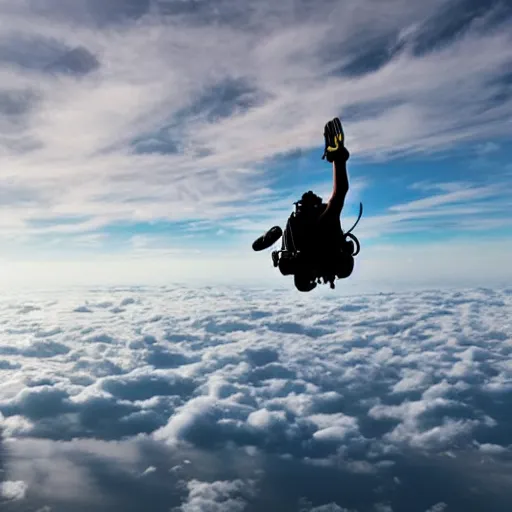 Image similar to a scubadiver flying in the sky above the clouds