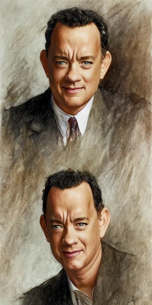 Prompt: tom hanks smirk, colored pencil, portrait painting by richard schmid, thomas moran, studio ghibli, loish, alphonse mucha, fashion photography