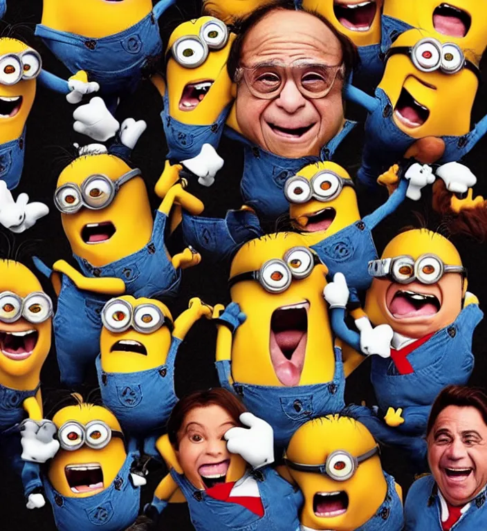 Image similar to photo of danny devito morphing into a minion in the style of an animorphs