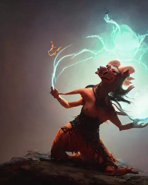 Prompt: oil painting of a Anthropomorphized pig witch casting an epic spell, sharp focus, heroic pose, fantasy style, octane render, volumetric lighting, cinematic lighting, 8k high definition, by greg rutkowski, highly detailed, trending on art Station, magic the gathering artwork, centered