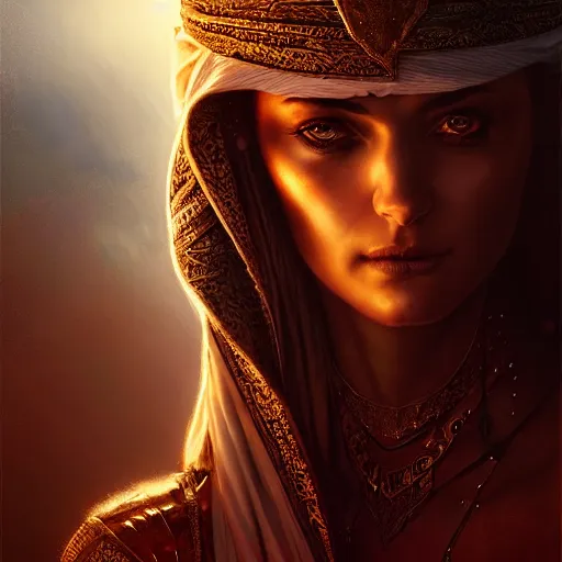 Prompt: arabian nights, character headshot portrait, sharp, digital matte painting, art by luis royo, greg rutkowski, wlop, dramatic lighting, trending on artstation