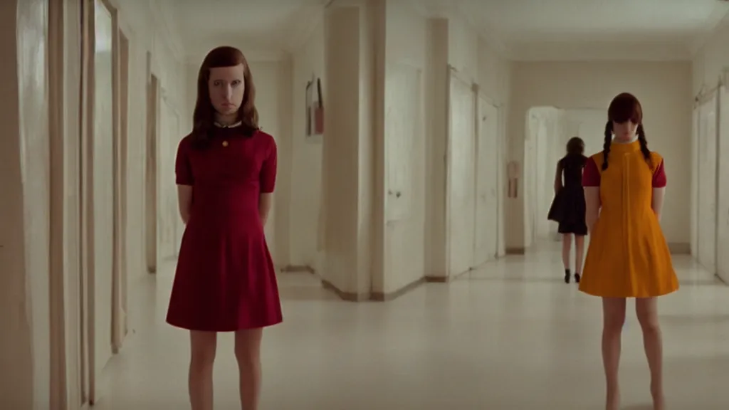 Image similar to A girl in a mod dress confronts the void, Film still from Wes Anderson, wide lens