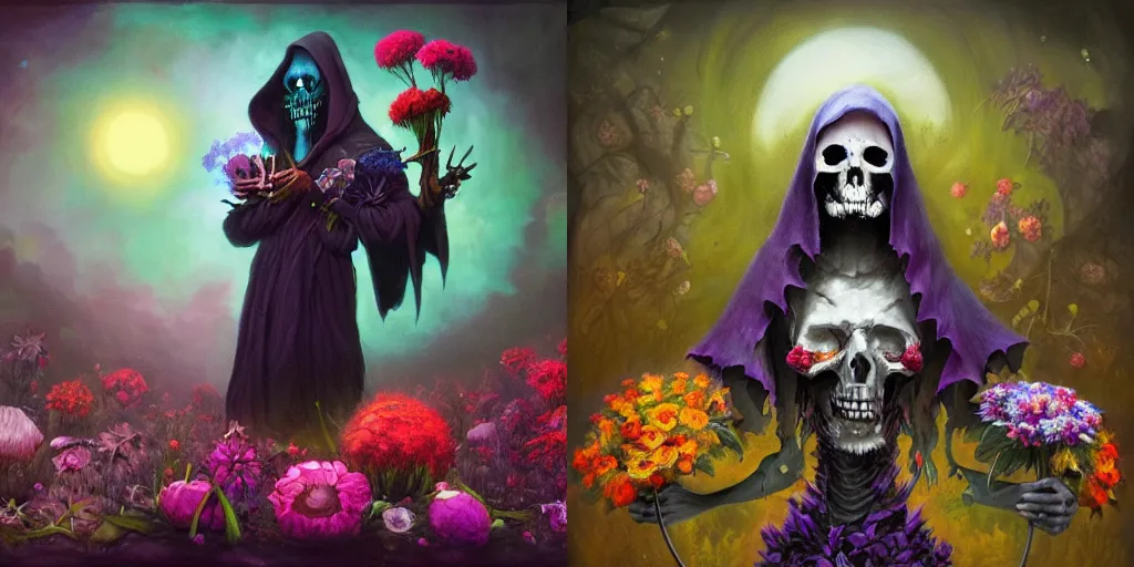 Prompt: The Grimm reaper made out of flowers, black background, fantasy portrait by Esao Andrews and Lisa Frank, cosmic horror concept art, 4k HD, trending on ArtStation