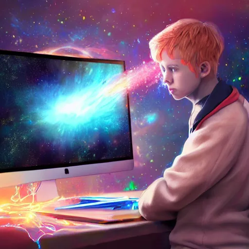 Image similar to a young mage creating a universe in his PC, hyperrealistic, extremely detailed, award-winning art, trending on Artstation