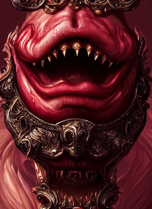 Prompt: incubus sticking out tongue with blood, realistic, surealism, lavish, steep, aesthetic, extravagant, shiny, fantasy, intricate, elegant, extremely higly detailed, digital painting, artstation, ornate, grotesque, baroque, concept art, smooth, sharp focus, by joongwon charles jeong and diego fazio