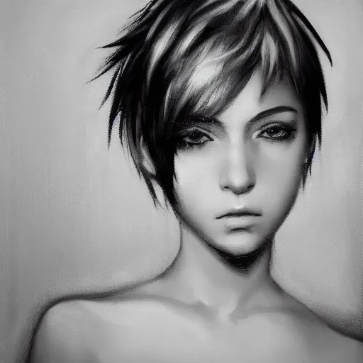 Image similar to Oil portrait with broad brush strokes of a girl with short white hair and black eyes in Final Fantasy style, abstract black and white background, large film grain, smooth gradients, sharp shapes