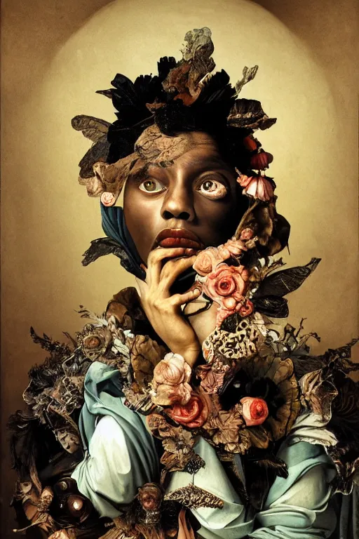 Image similar to Detailed maximalist portrait with dark skin, large mouth and with large white eyes, exasperated expression, HD mixed media, 3D collage, highly detailed and intricate, surreal illustration in the style of Caravaggio, dark art, baroque