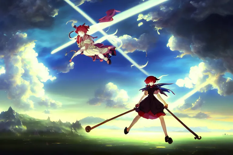 Image similar to baroque oil painting of anime key visual concept art of touhou anime witches flying on broomsticks through the sky, volumetric lighting, sunrays breaking through clouds, grimdark steampunk high fantasy, trending on artstation, brush strokes, oil on canvas, style of makoto shinkai and greg rutkowski and studio ghibli