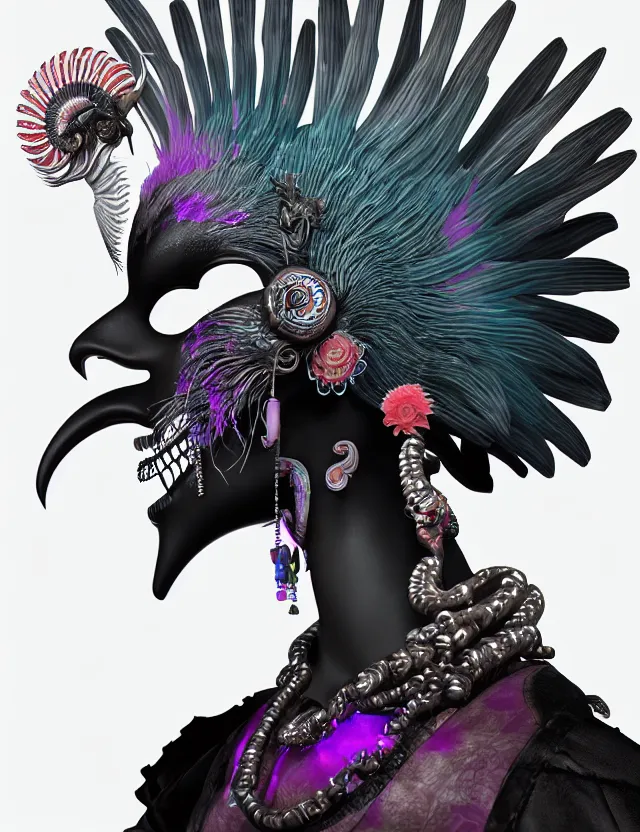 Image similar to 3 d goddess close - up profile portrait punk with mohawk with ram skull. beautiful intricately detailed japanese crow kitsune mask and clasical japanese kimono. betta fish, jellyfish phoenix, bio luminescent, plasma, ice, water, wind, creature, artwork by tooth wu and wlop and beeple and greg rutkowski