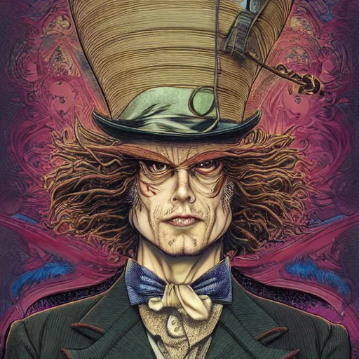 Image similar to portrait of the mad hatter, symmetrical, by yoichi hatakenaka, masamune shirow, josan gonzales and dan mumford, ayami kojima, takato yamamoto, barclay shaw, karol bak, yukito kishiro