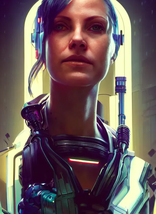 Image similar to portrait of Lesley Nolsen as a character in arabian Cyberpunk 2077, looking at camera, intricate, dystopian, sci-fi, extremely detailed, digital painting, artstation, concept art, smooth, sharp focus, illustration, intimidating lighting, incredible art by artgerm and greg rutkowski and alphonse mucha and simon stalenhag