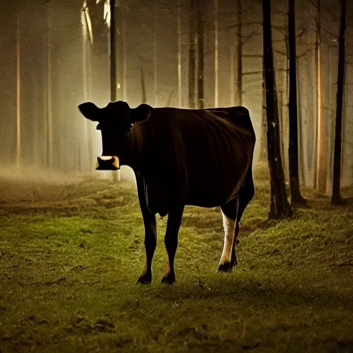 Image similar to low quality photograph of a cow looking at the camera at night, dark, creepy mood, dark forest, low lighting