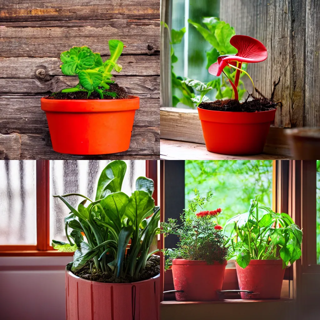 Prompt: a photo of a bloody carnivore plant on a pot, inside a wooden modern house, with bright windows, 4 k, high - resolution