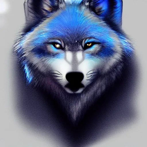 Image similar to portrait of an anthro furry fursona blue wolf with blue fur, handsome eyes, sketch doodles surrounding it, photo of notebook sketch