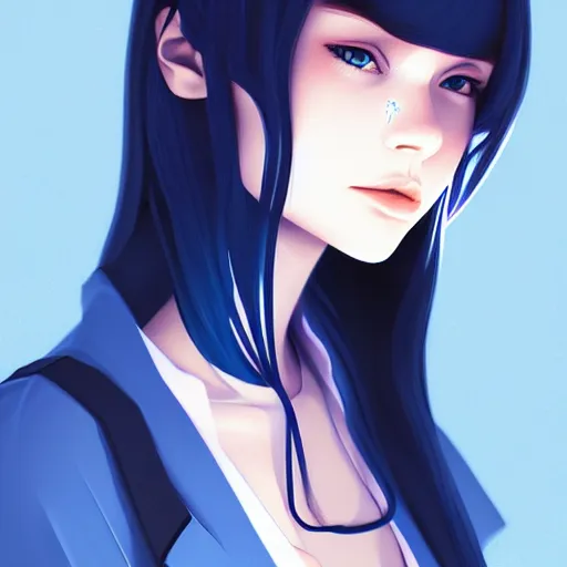 Image similar to urban high school girl in shirt fanart, dark blue long hair, muted colors, matte print, pastel colors, ornate, digital art, digital painting, fan art, elegant, artstation, by Ilya Kuvshinov