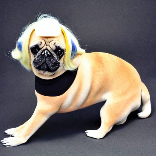 Prompt: pug with a blonde wig like dolly parton playing guitar