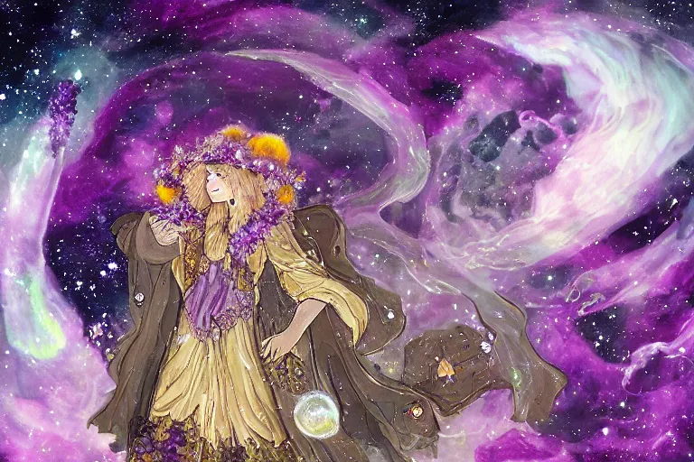 Prompt: a full shot witch with a long cloak and amethyst hat covered in intricate flowers and golden mushrooms in a galaxy and nebulae infused with pale clouds