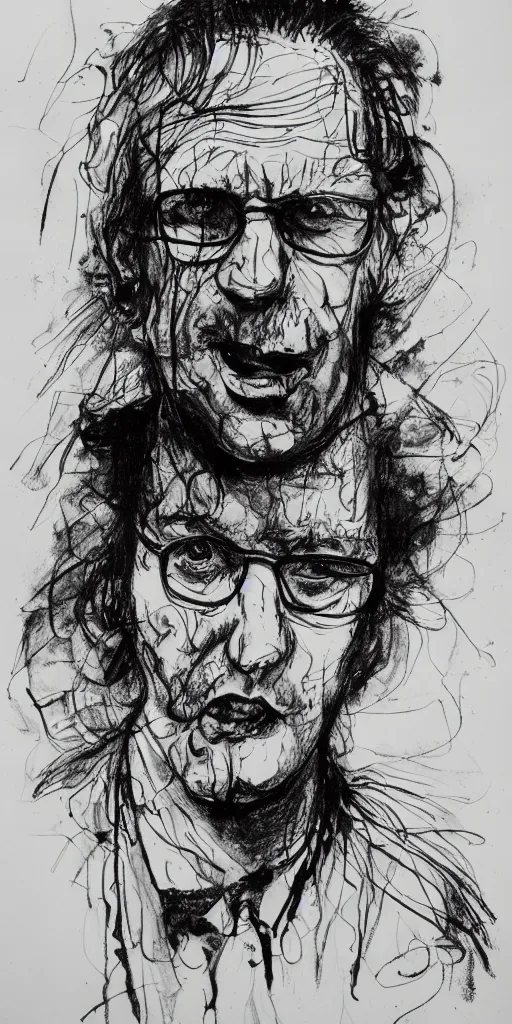 Image similar to a loose wild messy ink sketch portrait of a self portrait in the style of ralph steadman, caricature, dramatic