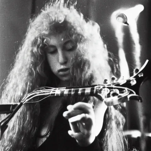 Prompt: 19-year-old woman holding electric guitar, long shaggy blonde hair, permed hair, stoner rock concert, proto-metal concert, live in concert, concert quality, concert footage, 1973, 8mm photography