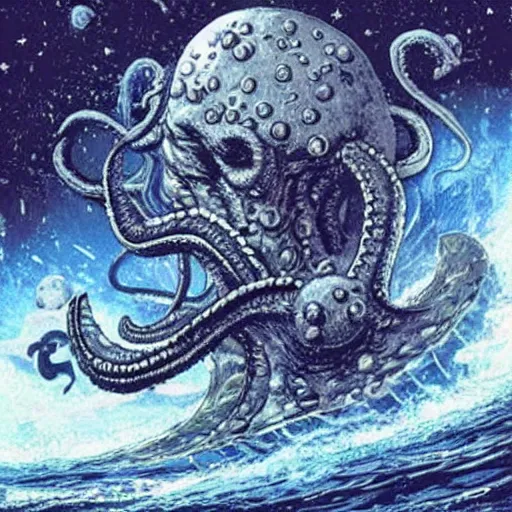 Prompt: the kraken, destroyer of space ships