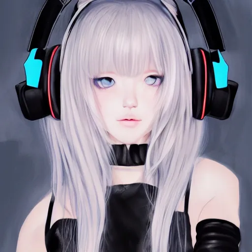 Image similar to realistic teasing detailed semirealism beautiful gorgeous cute Blackpink Lalisa Manoban white hair white cat ears blue eyes, wearing black camisole outfit, headphones, black leather choker full HD 4K high resolution quality WLOP, Aztodio, Taejune Kim, Guweiz, Pixiv, Instagram, Artstation