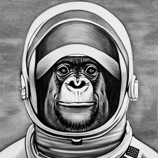 Image similar to pencil art, realistic self portrait, astronaut with a chimpanzee.