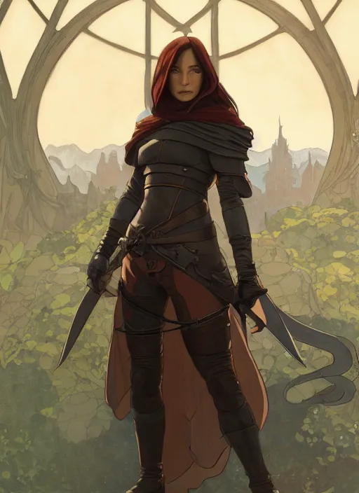 Image similar to strong female rogue in leather armor and cloak, path traced, highly detailed, high quality, digital painting, by studio ghibli and alphonse mucha, leesha hannigan, makoto shinkai, disney